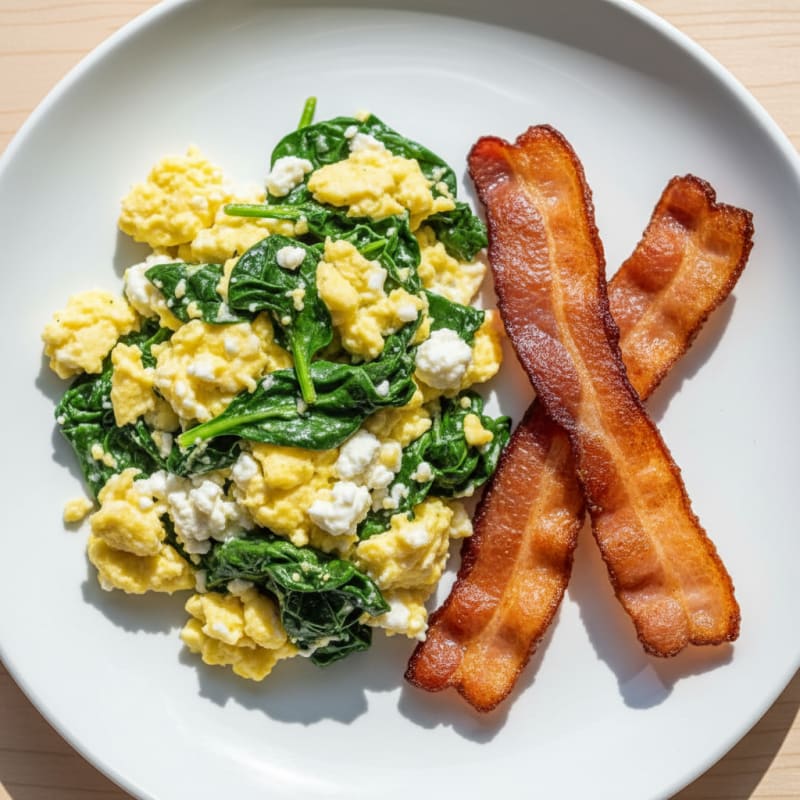 Cottage Cheese Egg Scramble with Sautéed Spinach and Turkey Bacon