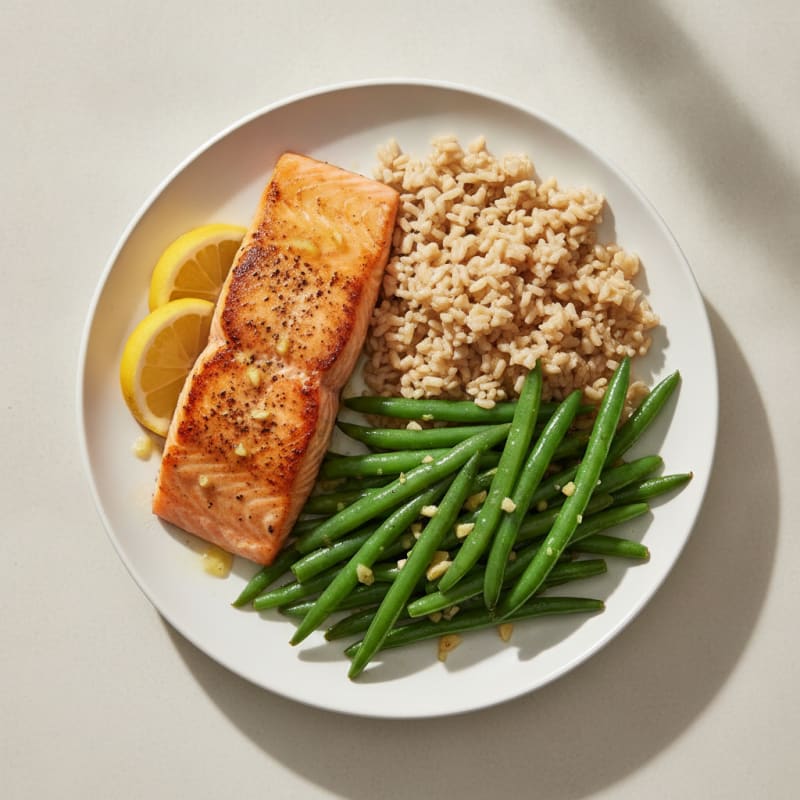 Seared Salmon with Garlic Green Beans and Brown Rice