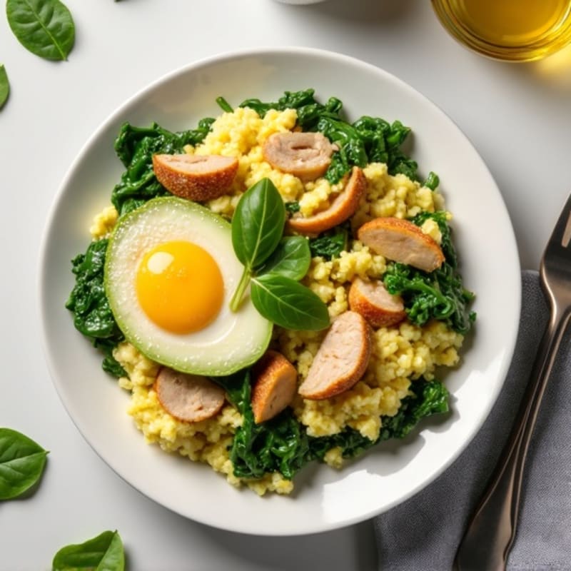 Egg White Spinach Scramble with Sautéed Turkey and Avocado