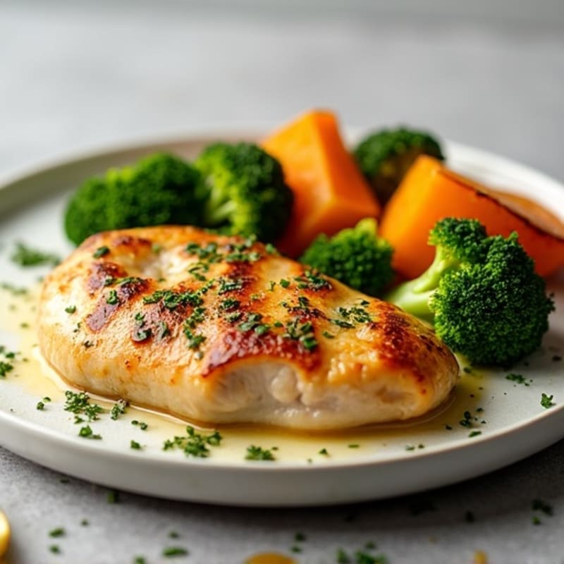 Lemon Herb Roasted Chicken with Crispy Broccoli and Sweet Potato