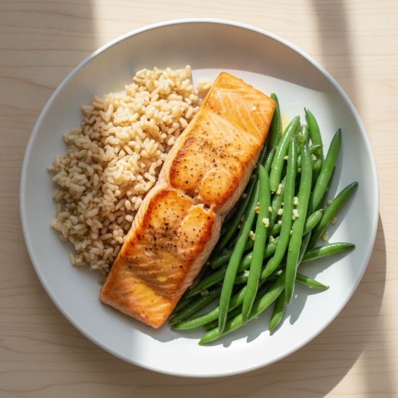 Seared Salmon with Garlic Green Beans and Brown Rice