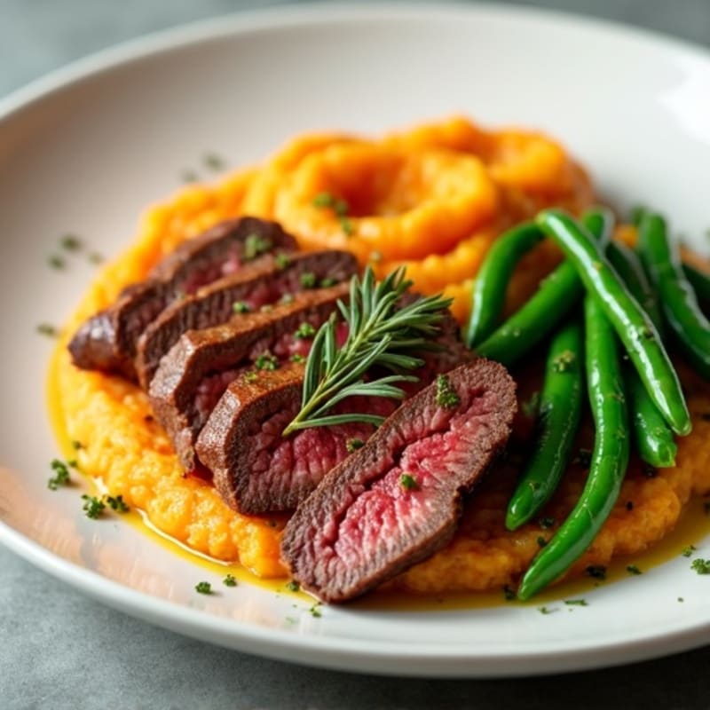 Seared Lean Beef Strips with Garlic Green Beans and Sweet Potato Mash