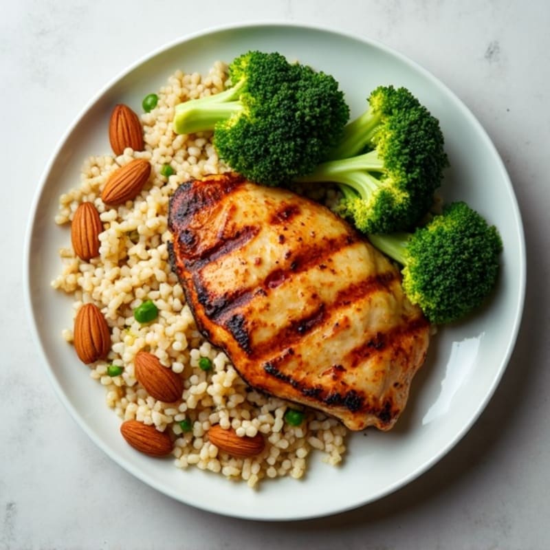 Grilled Chicken Breast with Brown Rice Pilaf and Steamed Broccoli