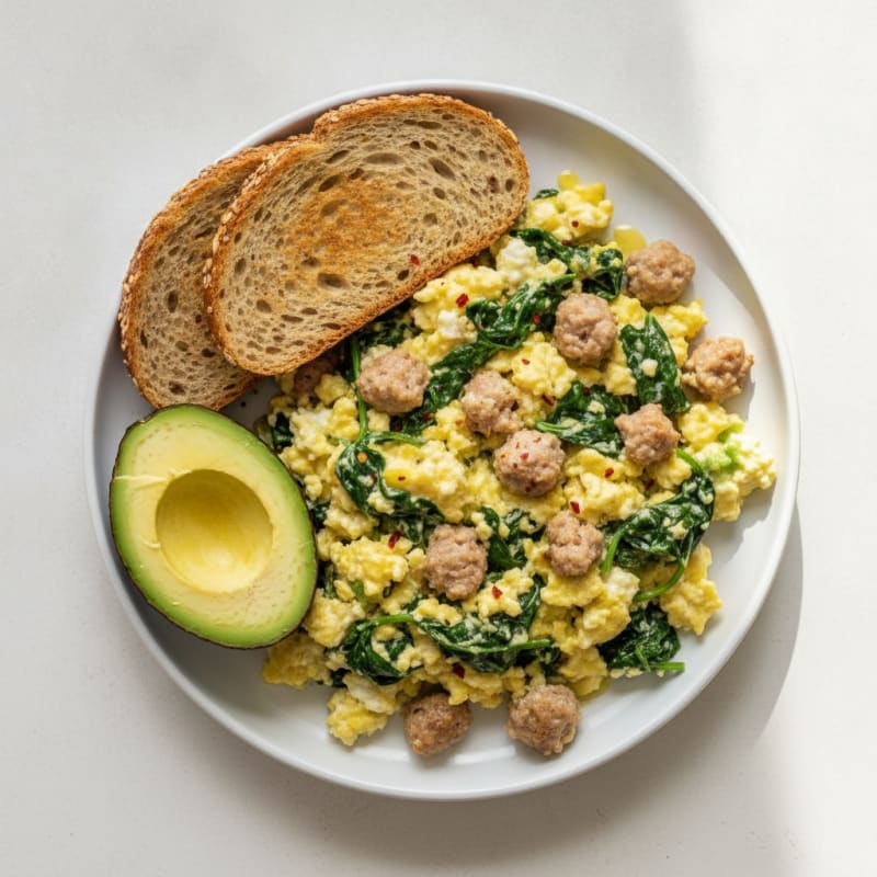 Cottage Cheese Scramble with Turkey Sausage and Spinach