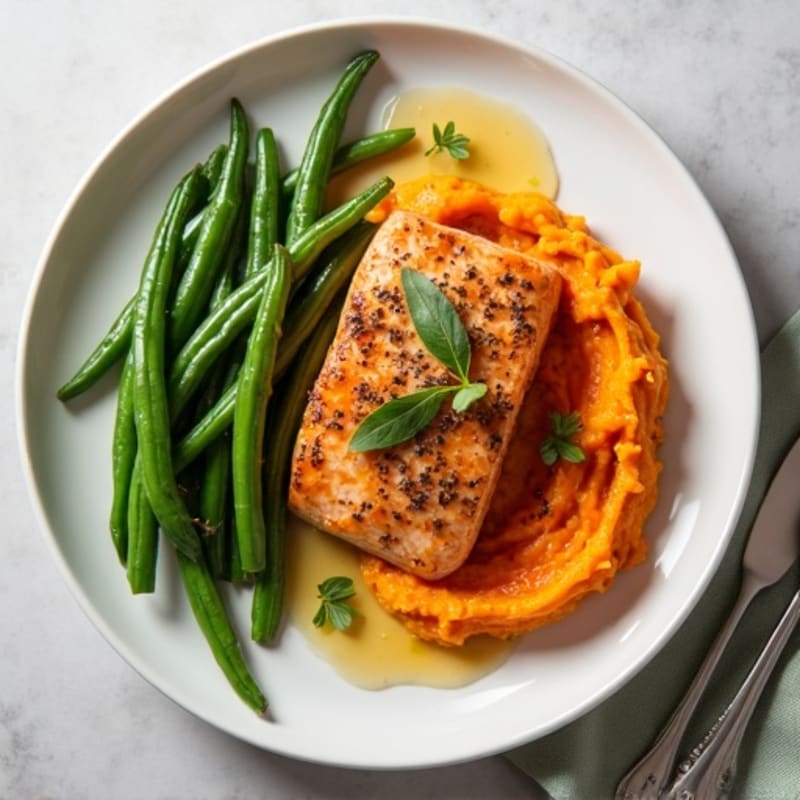 Seared Salmon with Garlic Green Beans and Sweet Potato Mash