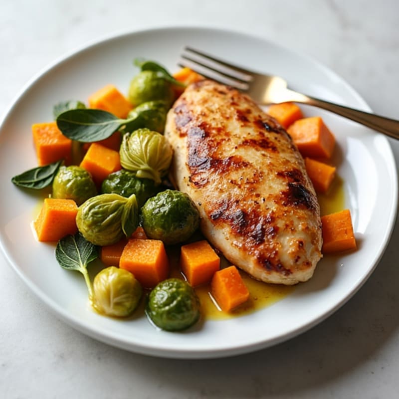 Seared Chicken Breast with Roasted Brussels Sprouts and Sweet Potato