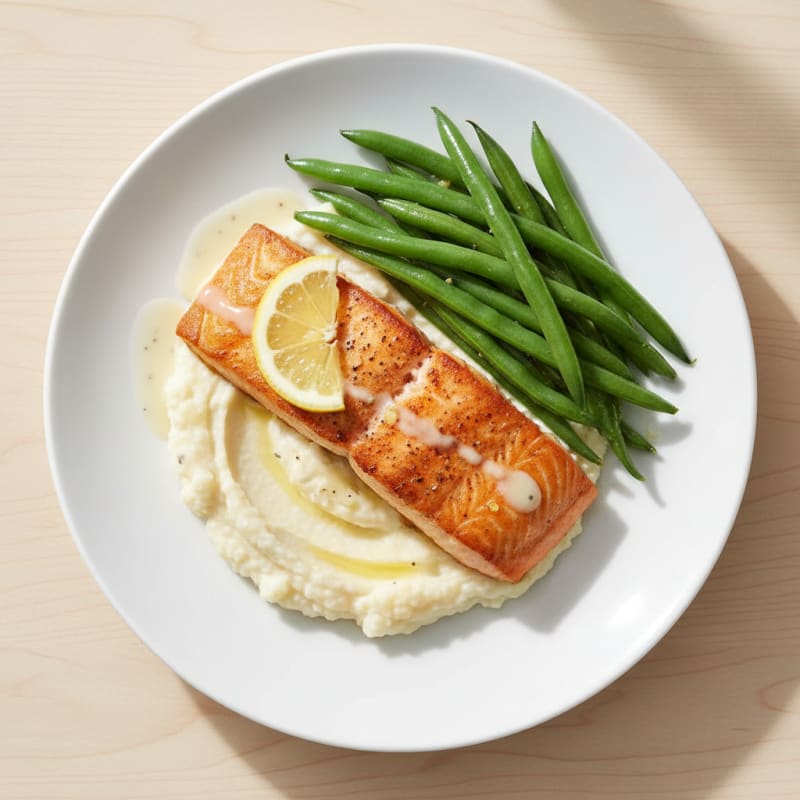 Seared Salmon with Steamed Green Beans and Cauliflower Mash