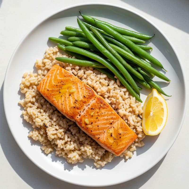 Seared Salmon with Steamed Green Beans and Brown Rice
