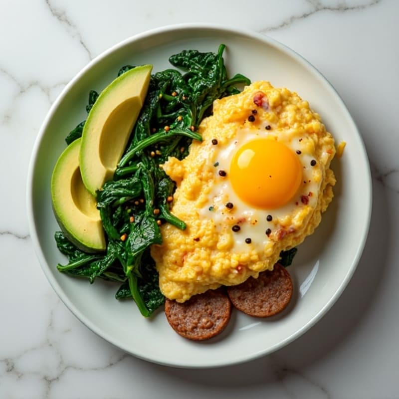 Egg White Scramble with Turkey Sausage and Sautéed Spinach