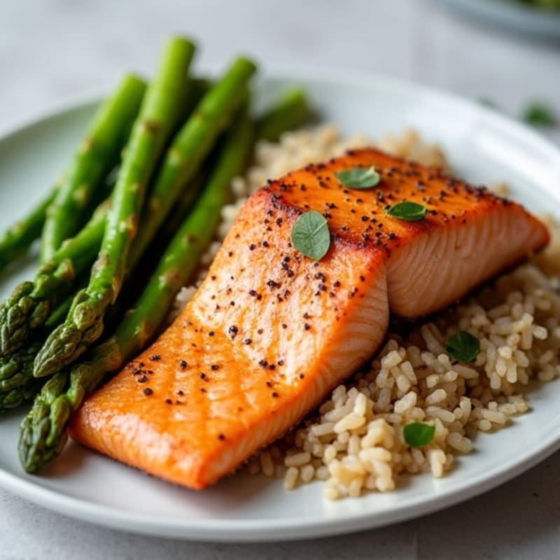Seared Salmon Fillet with Steamed Asparagus and Brown Rice