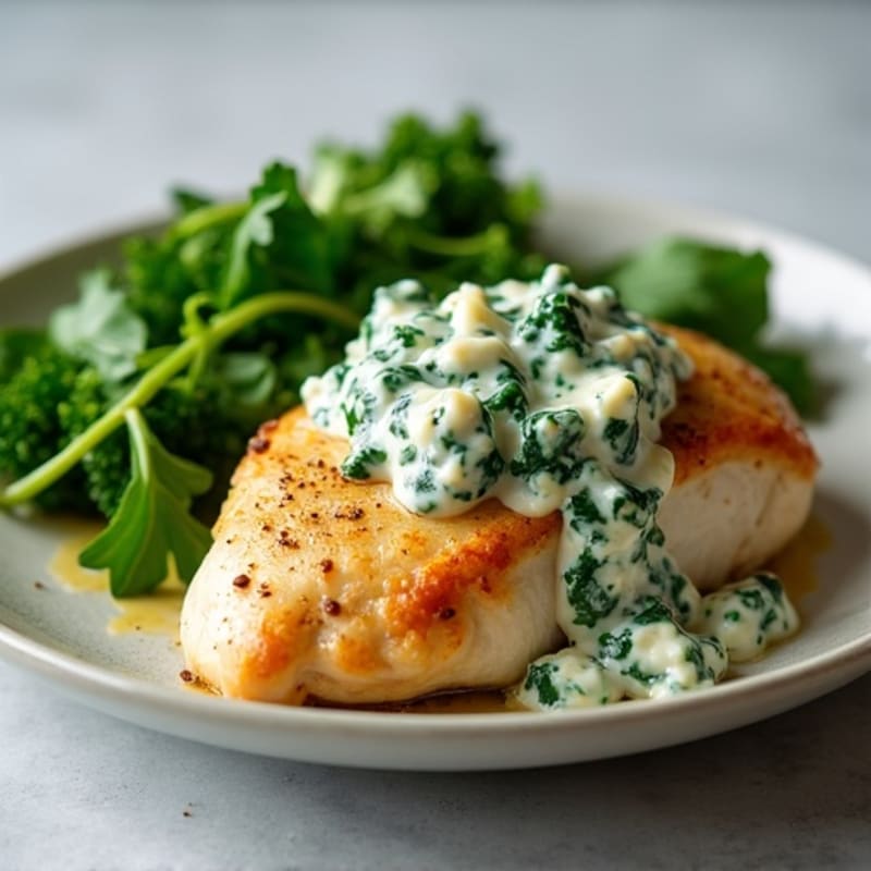 Chicken with Creamy Spinach Artichoke Sauce and Roasted Greens