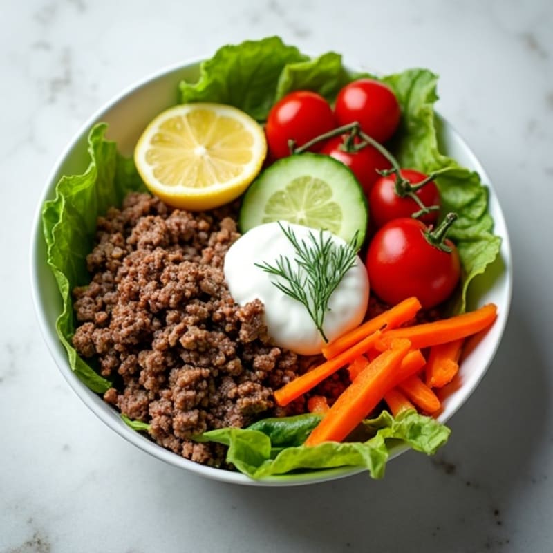 Protein-Packed Lean Ground Beef Bowl with Crisp Vegetables and Creamy Tangy Dressing
