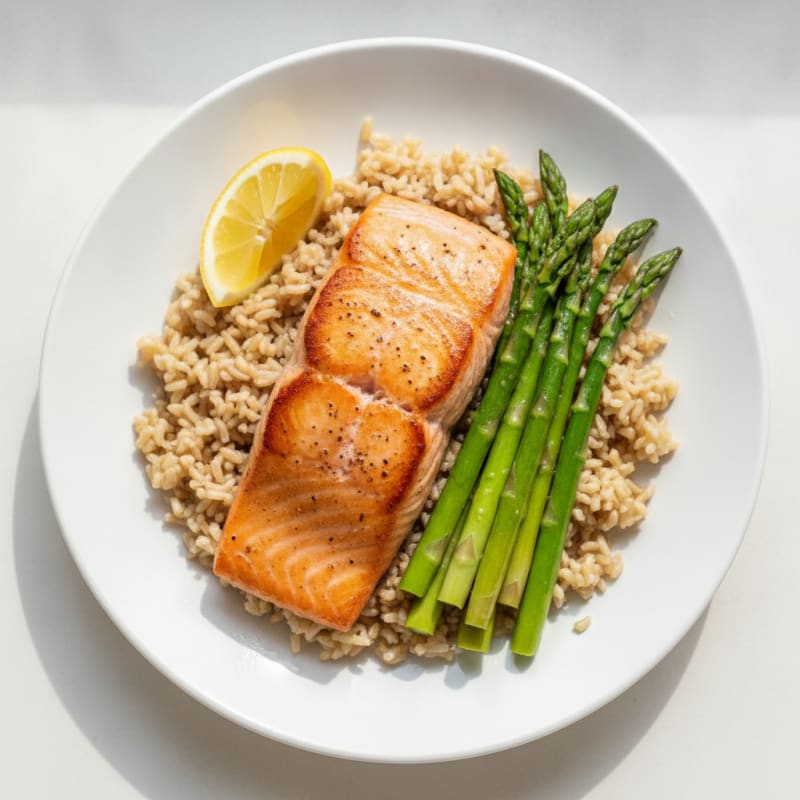 Seared Salmon with Steamed Asparagus and Brown Rice