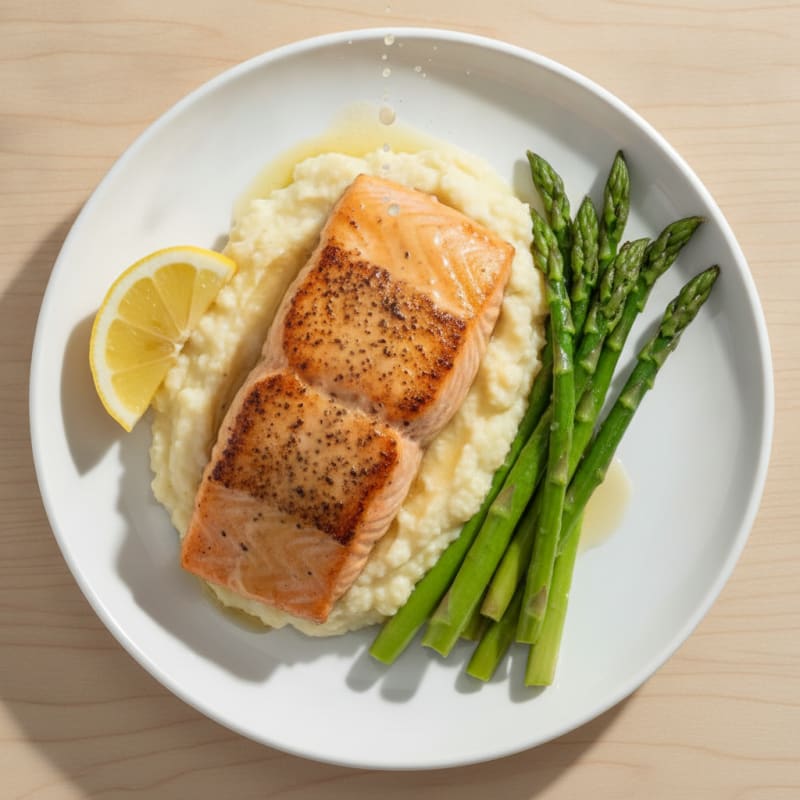 Seared Salmon Fillet with Steamed Asparagus and Cauliflower Mash