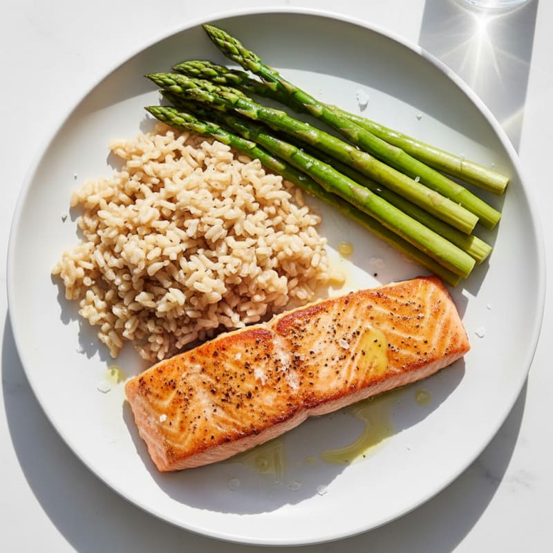 Seared Salmon Fillet with Steamed Asparagus and Brown Rice