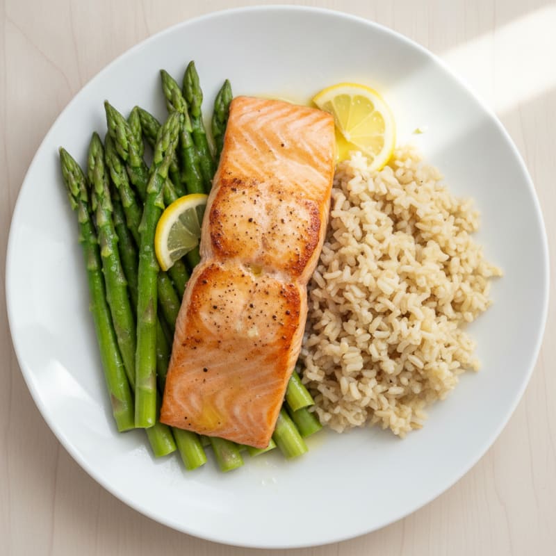Seared Salmon with Steamed Asparagus and Brown Rice