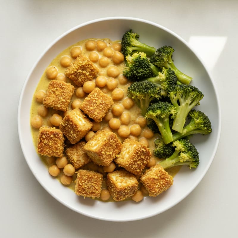 Crispy Tofu and Chickpea Curry with Steamed Broccoli