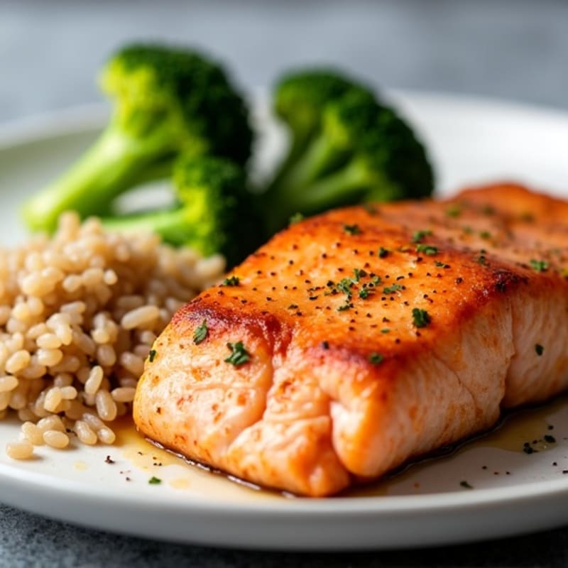 Seared Salmon with Steamed Broccoli and Brown Rice
