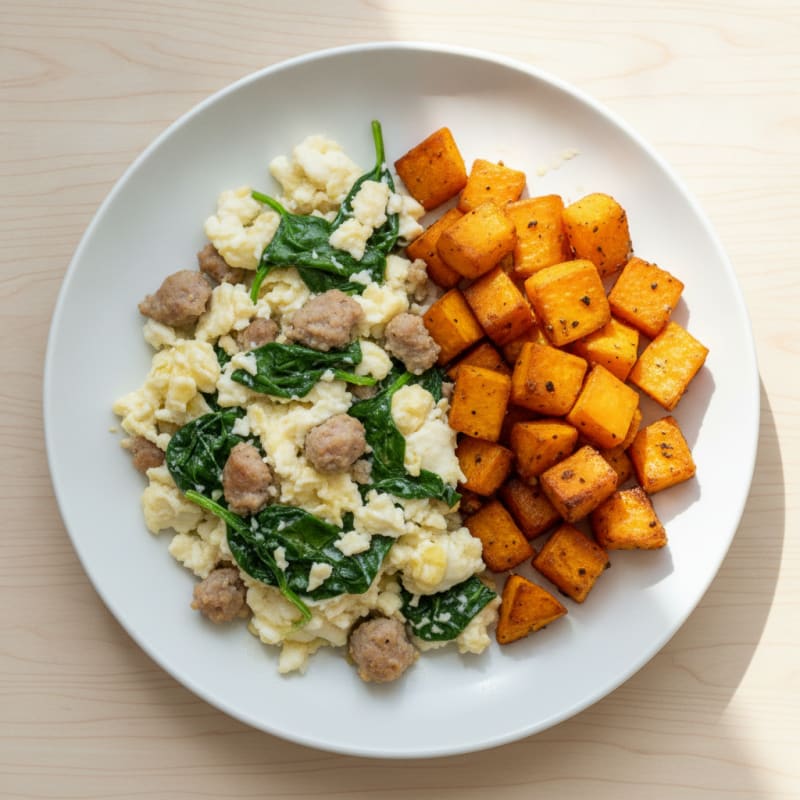 Egg White and Turkey Sausage Scramble with Spinach and Roasted Sweet Potato