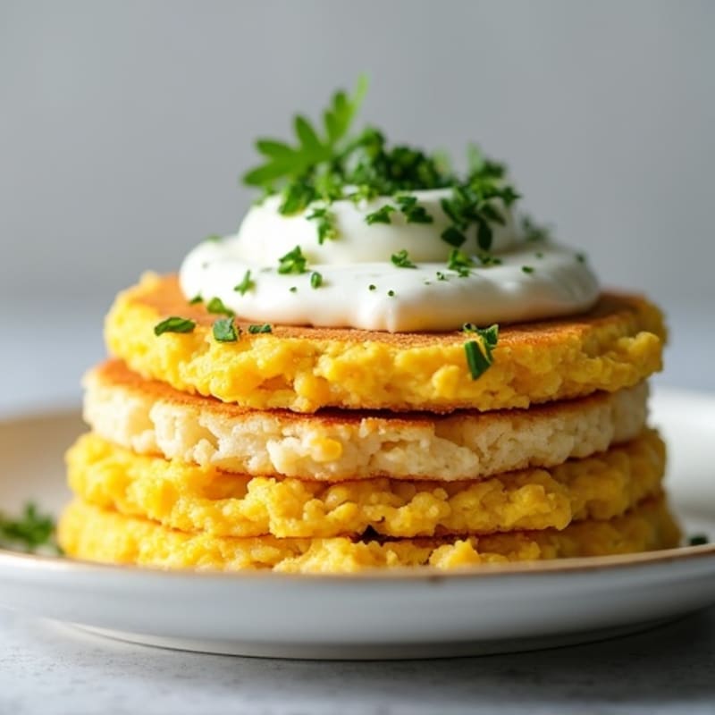 Savory Rice Cake Stack with Scrambled Eggs and Herb Cream Cheese