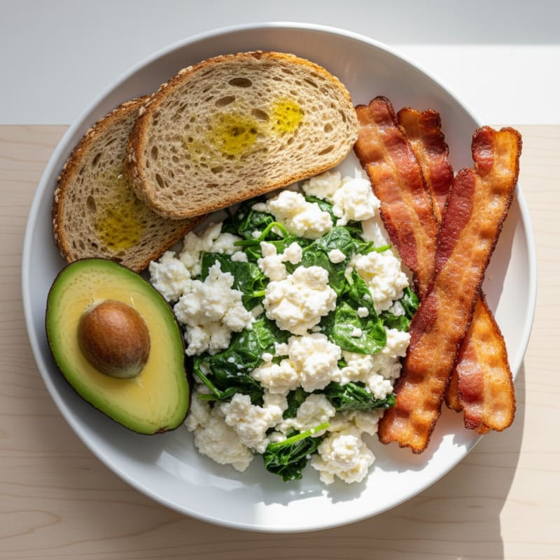 Egg White Spinach Scramble with Cottage Cheese and Turkey Bacon