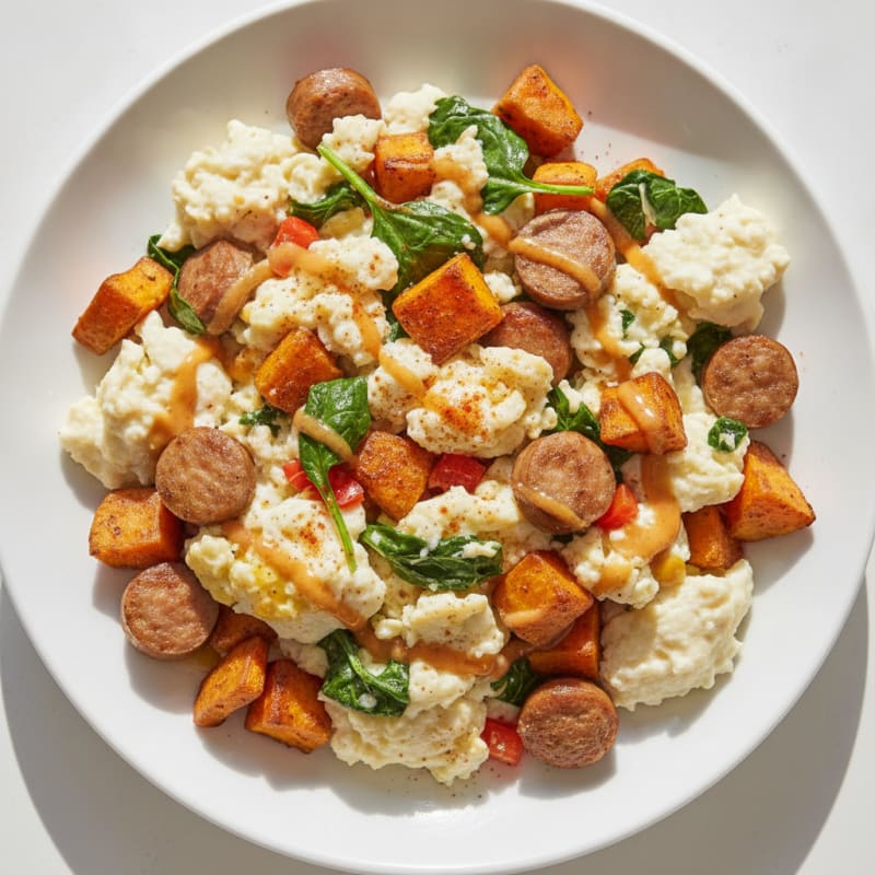 Egg White Scramble with Turkey Sausage and Roasted Sweet Potatoes