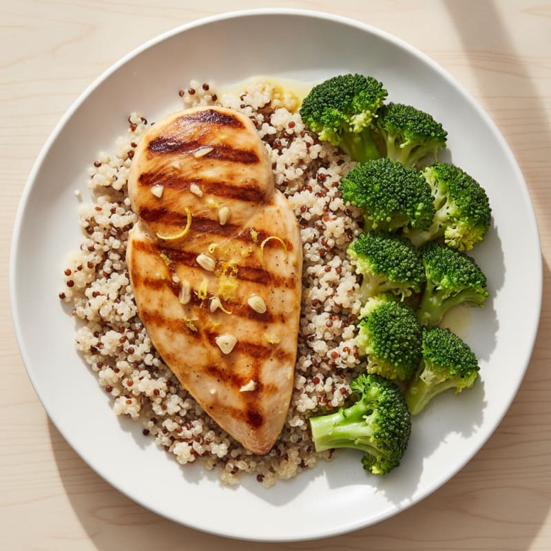 Grilled Chicken Breast with Steamed Broccoli and Quinoa