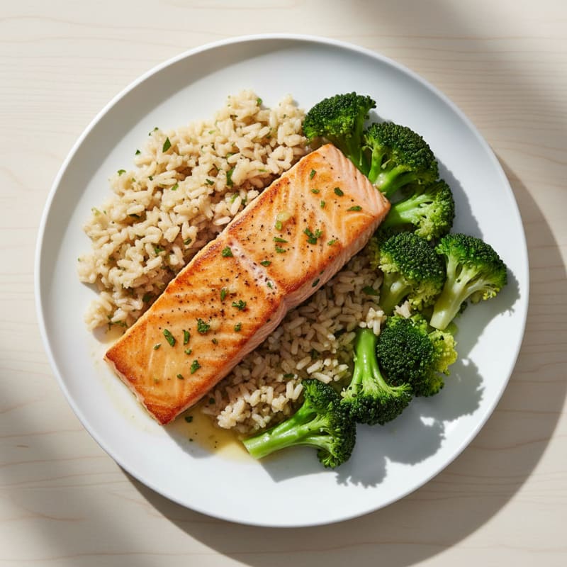 Seared Salmon Fillet with Steamed Broccoli and Lemon Herb Brown Rice