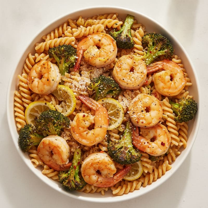Garlic Parmesan Shrimp Pasta with Roasted Broccoli