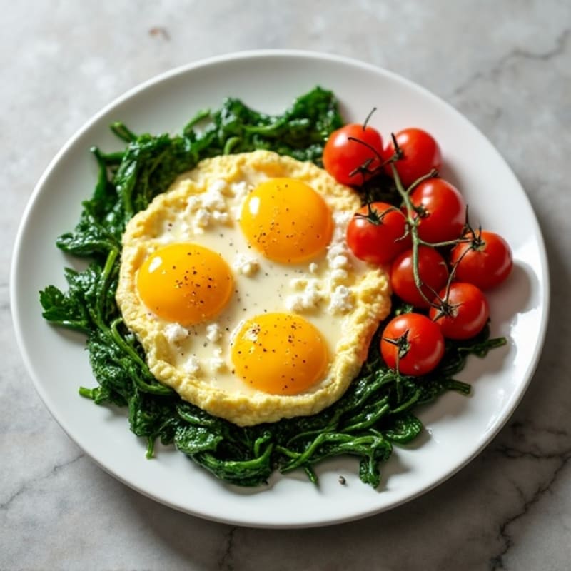 Creamy Scrambled Eggs with Sautéed Spinach and Cherry Tomatoes