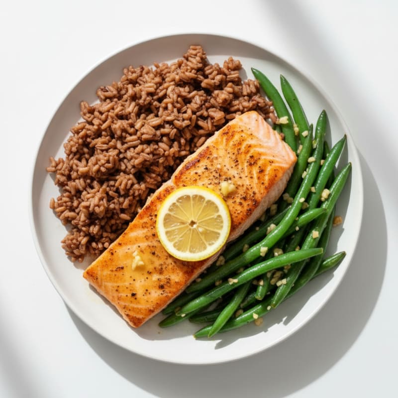 Seared Salmon with Garlic Green Beans and Brown Rice