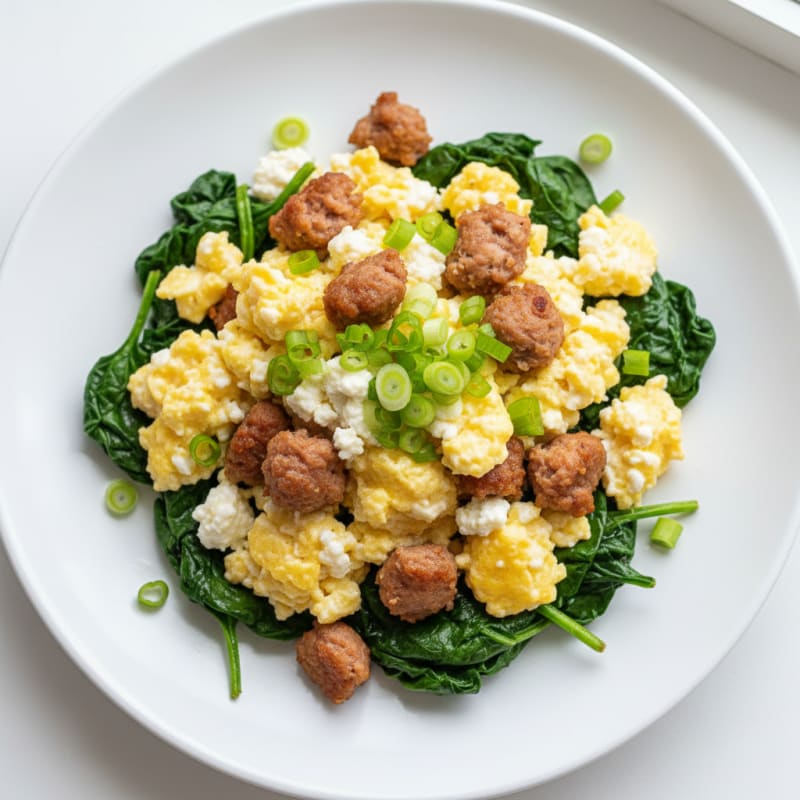 Cottage Cheese Scramble with Turkey Sausage and Sautéed Spinach