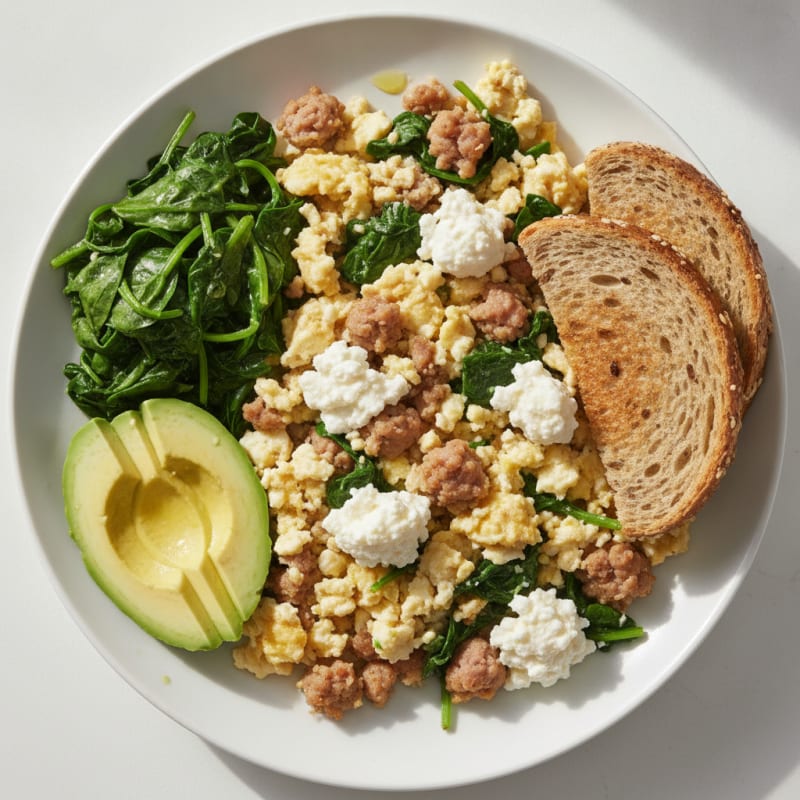 Egg White and Turkey Sausage Scramble with Cottage Cheese and Sautéed Spinach