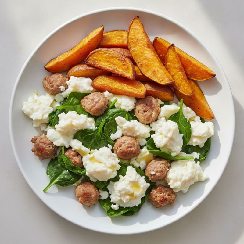 Egg White and Turkey Sausage Scramble with Spinach and Roasted Sweet Potatoes