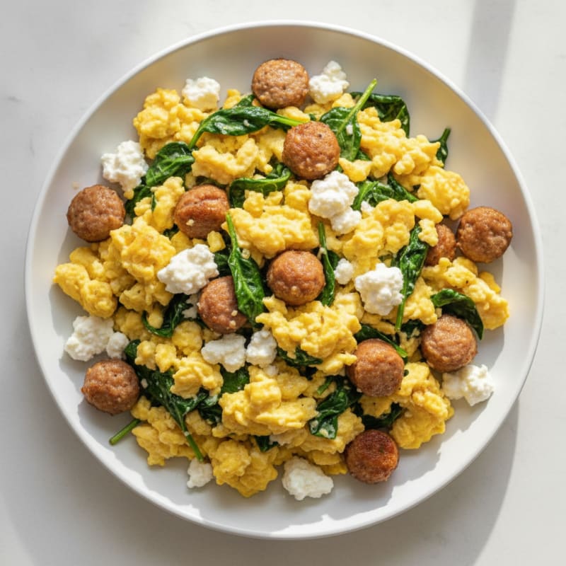 Cottage Cheese Scramble with Turkey Sausage and Spinach