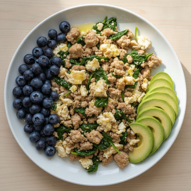 Turkey Egg White Scramble with Spinach and Berries