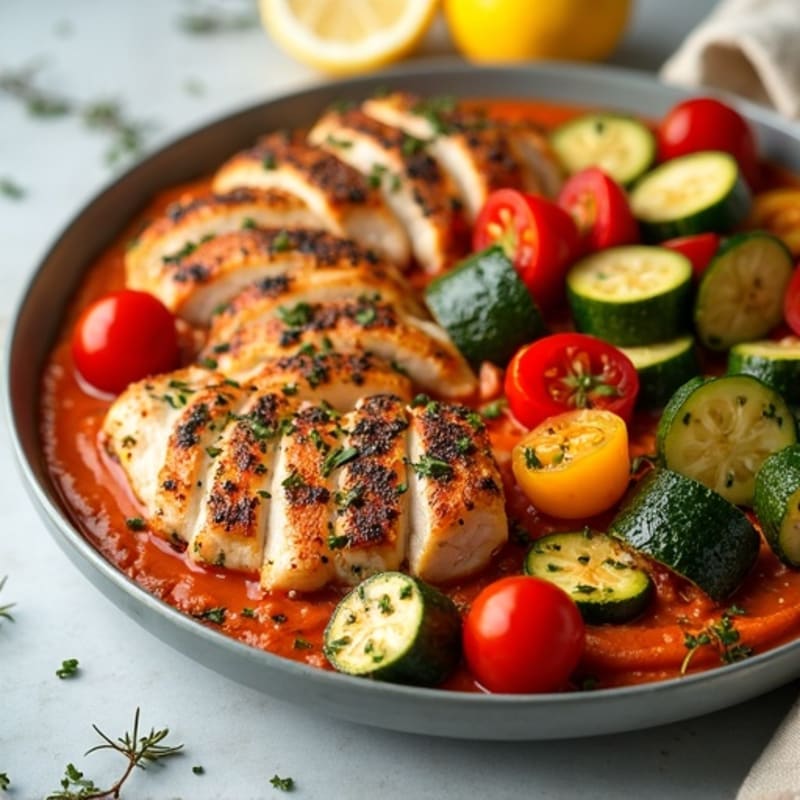 Sheet Pan Lemon-Herb Chicken and Crispy Roasted Vegetables with Creamy Roasted Red Pepper Hummus