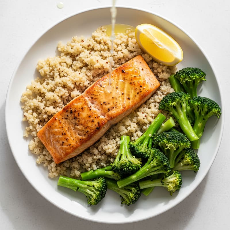 Pan-Seared Salmon with Steamed Broccoli and Quinoa