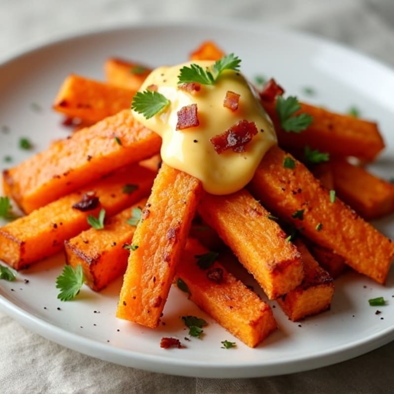 Roasted Sweet Potato Fries with Crispy Bacon and Creamy Cheddar Sauce