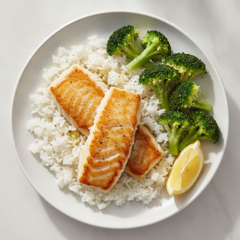 Seared Fish with Steamed Rice and Broccoli