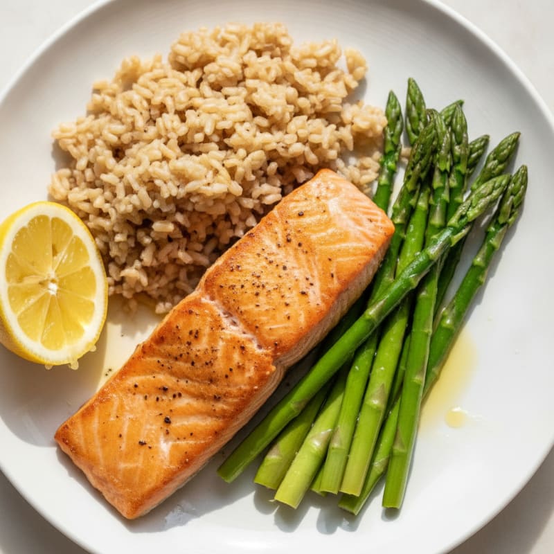 Seared Salmon Fillet with Steamed Asparagus and Brown Rice