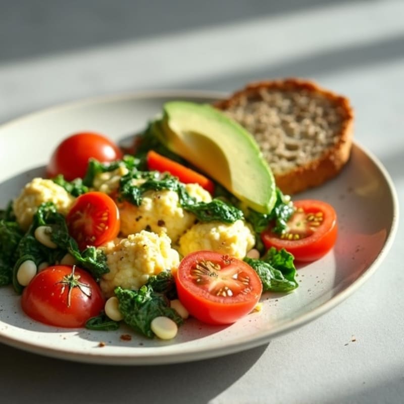 Egg White and Spinach Scramble with Cottage Cheese and Cherry Tomatoes