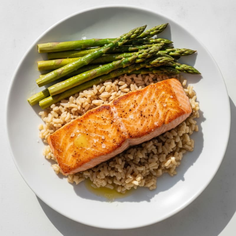 Seared Salmon with Steamed Asparagus and Brown Rice