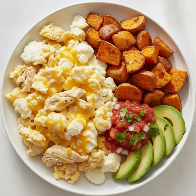 Cheesy Egg White Scramble with Chicken Breast and Roasted Sweet Potatoes
