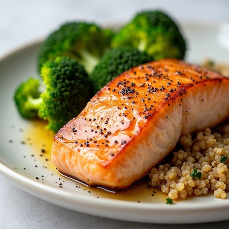 Seared Salmon Fillet with Steamed Broccoli and Quinoa