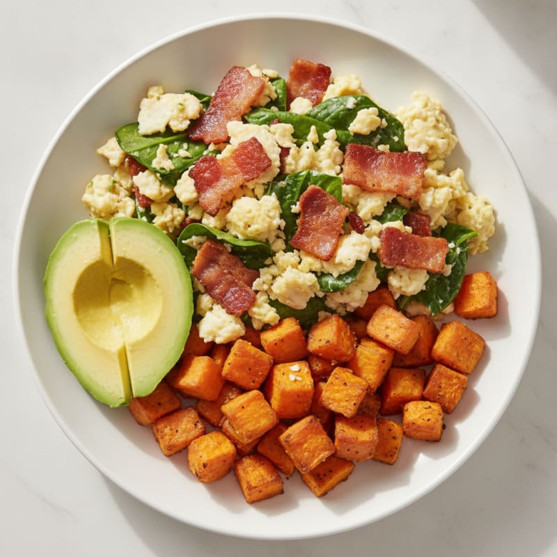 Crispy Turkey Bacon and Egg White Scramble with Roasted Sweet Potatoes