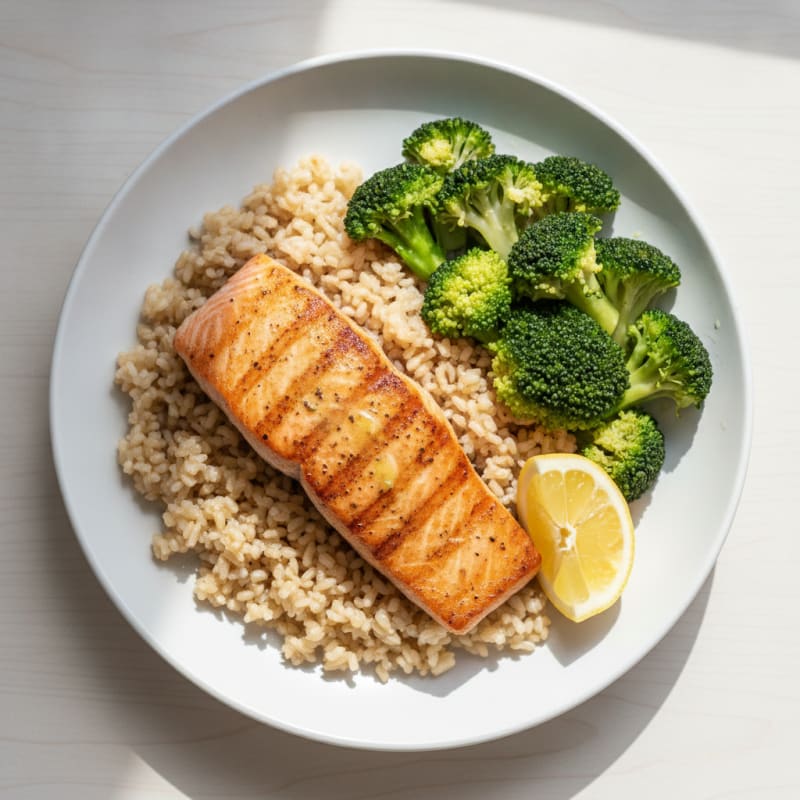 Seared Salmon with Steamed Broccoli and Brown Rice
