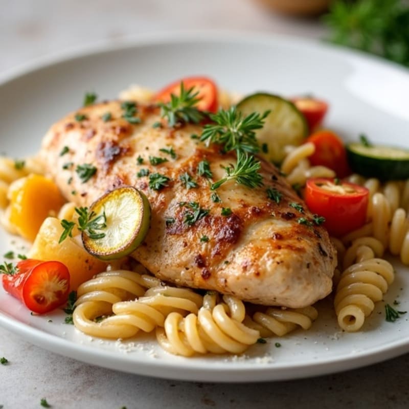 Herb-Roasted Chicken with Garlic Parmesan Pasta and Roasted Vegetables