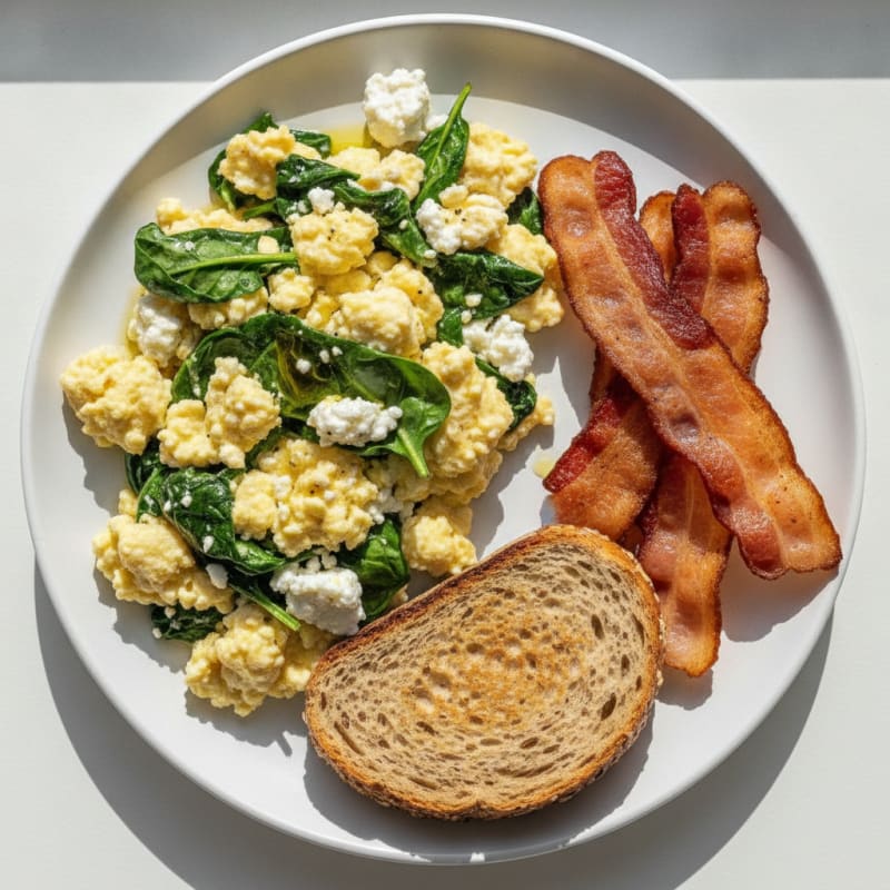 Creamy Cottage Cheese Scramble with Spinach and Turkey Bacon