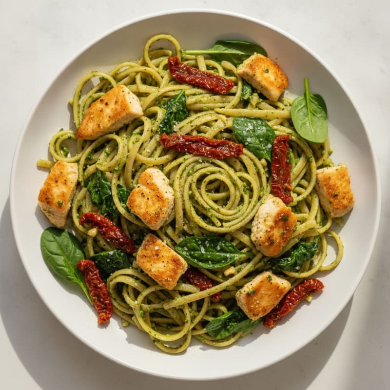 Pesto Chicken Linguine with Sun-Dried Tomatoes